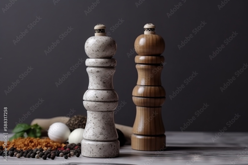  a pepper mill and pepper grinder on a table with pepper grinders and spices on it, with a gray back