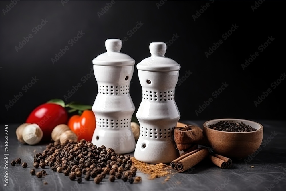  two salt and pepper shakers sitting on a table with spices and pepper grinders next to them and a b