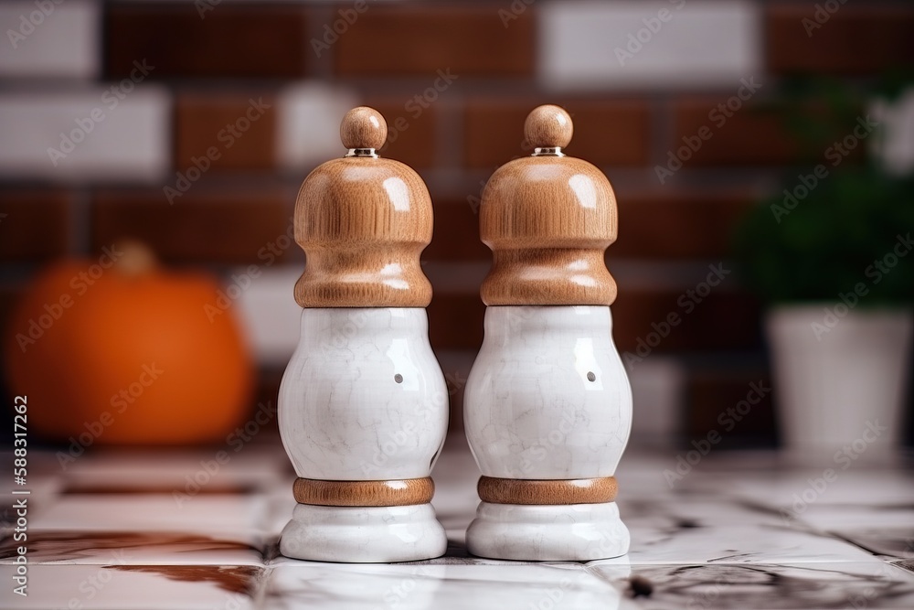  two salt and pepper shakers sitting on top of a marble counter top next to a potted plant and a til