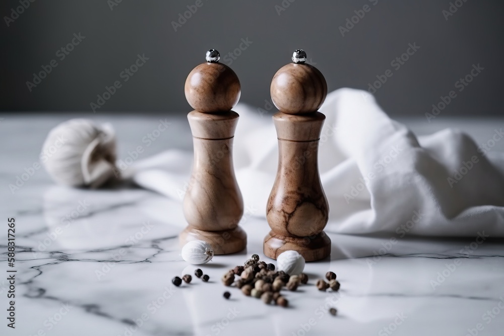  a couple of pepper grinders sitting on top of a table next to a pile of pepper grinders and a ball 