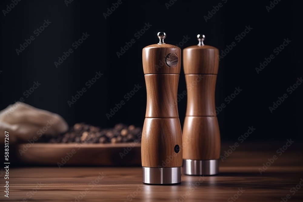  a couple of salt and pepper mills sitting on top of a wooden table next to a bowl of beans and a ba