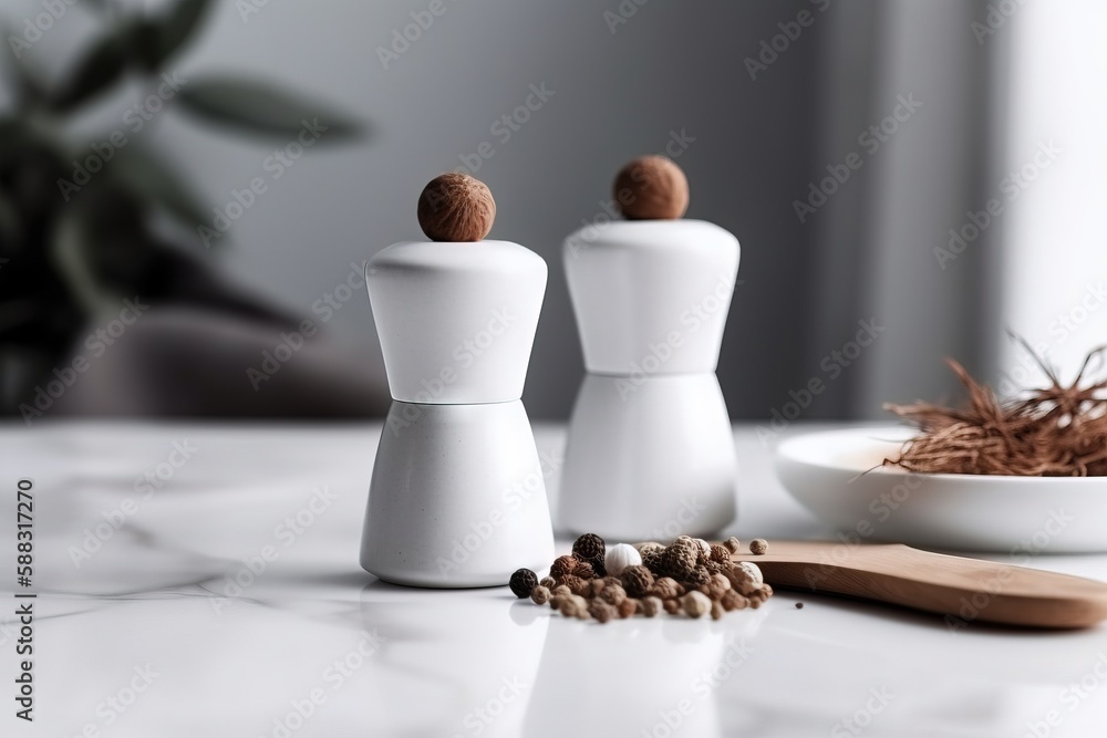  a couple of white salt and pepper shakers sitting on a table next to a bowl of nuts and a spoon wit