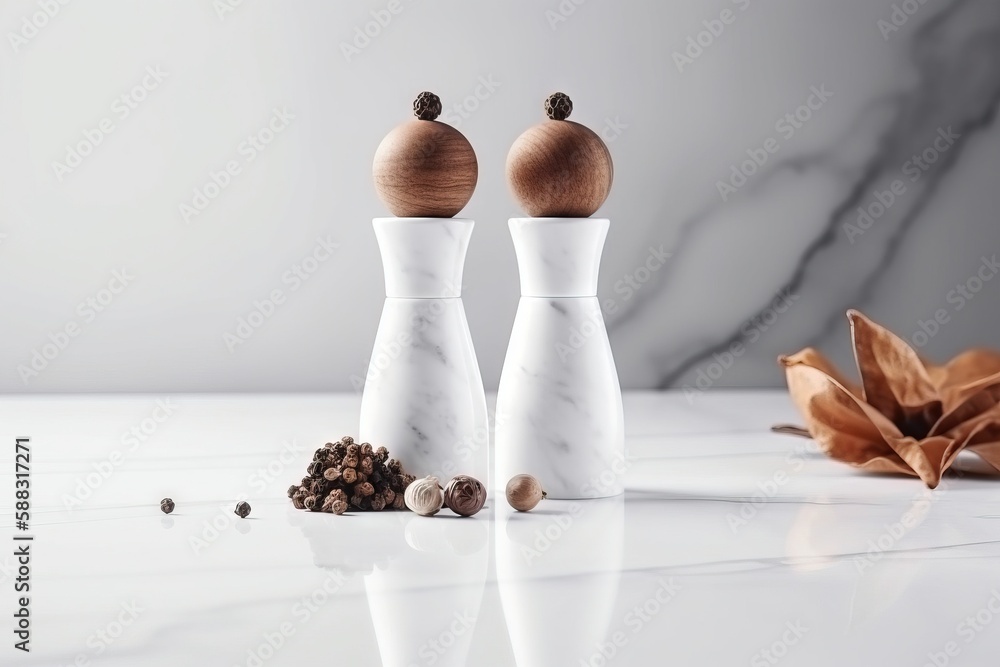  two salt and pepper shakers on a white countertop with a leaf and a flower in front of it, with a m