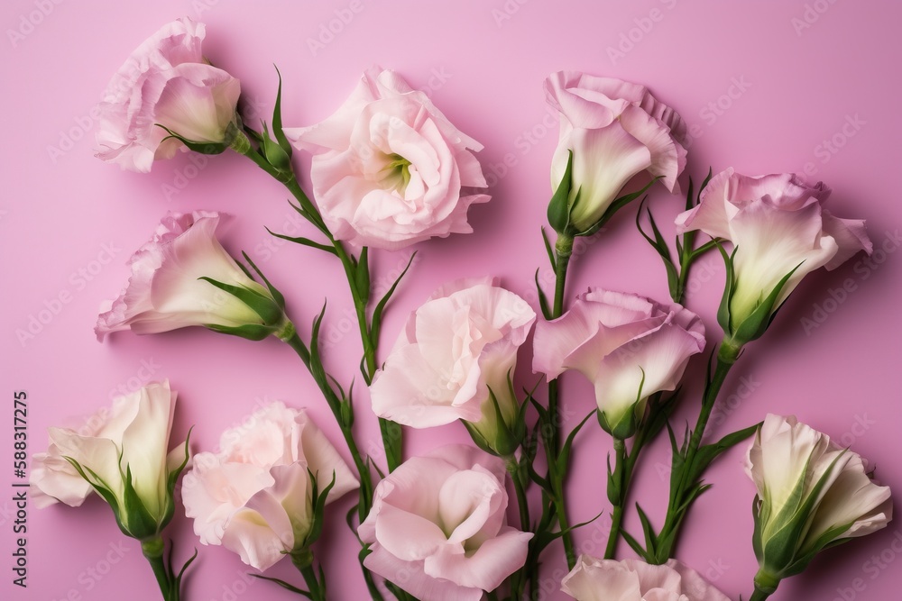  a bunch of pink flowers on a pink background with green stems and leaves on the stems and the stems