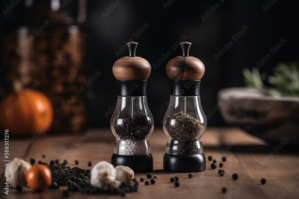  a couple of salt and pepper mills sitting on top of a wooden table next to a bowl of spices and a p