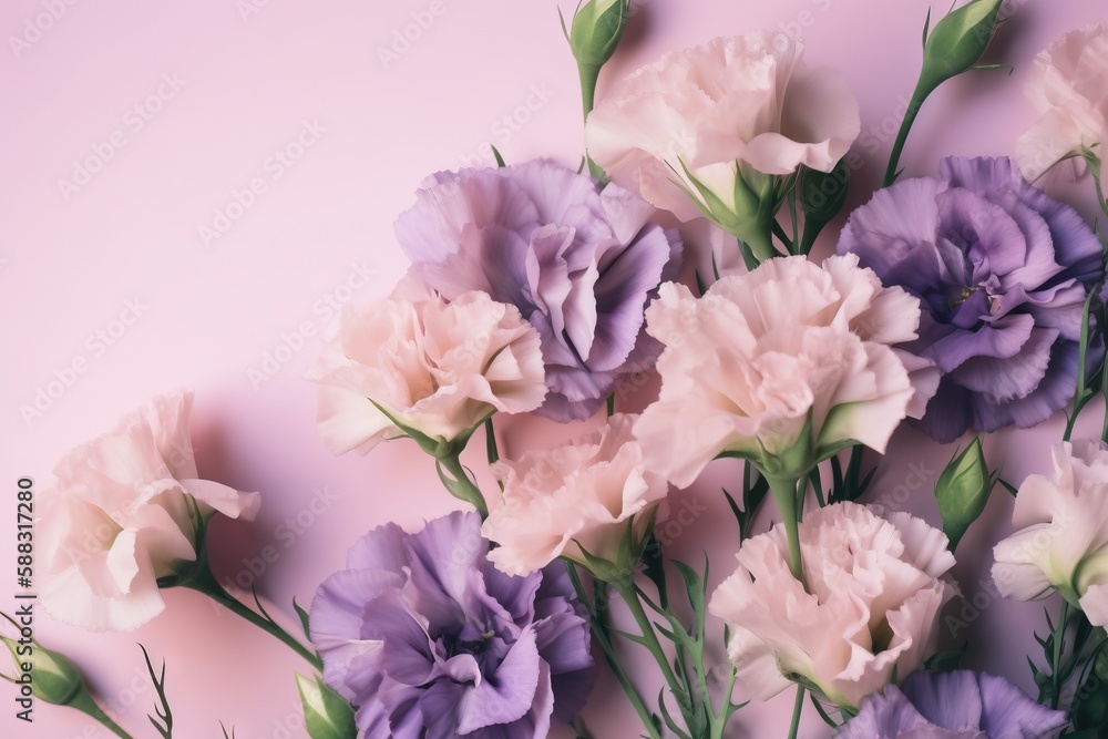  a bunch of purple and white flowers on a pink background with green stems and leaves on the stems a