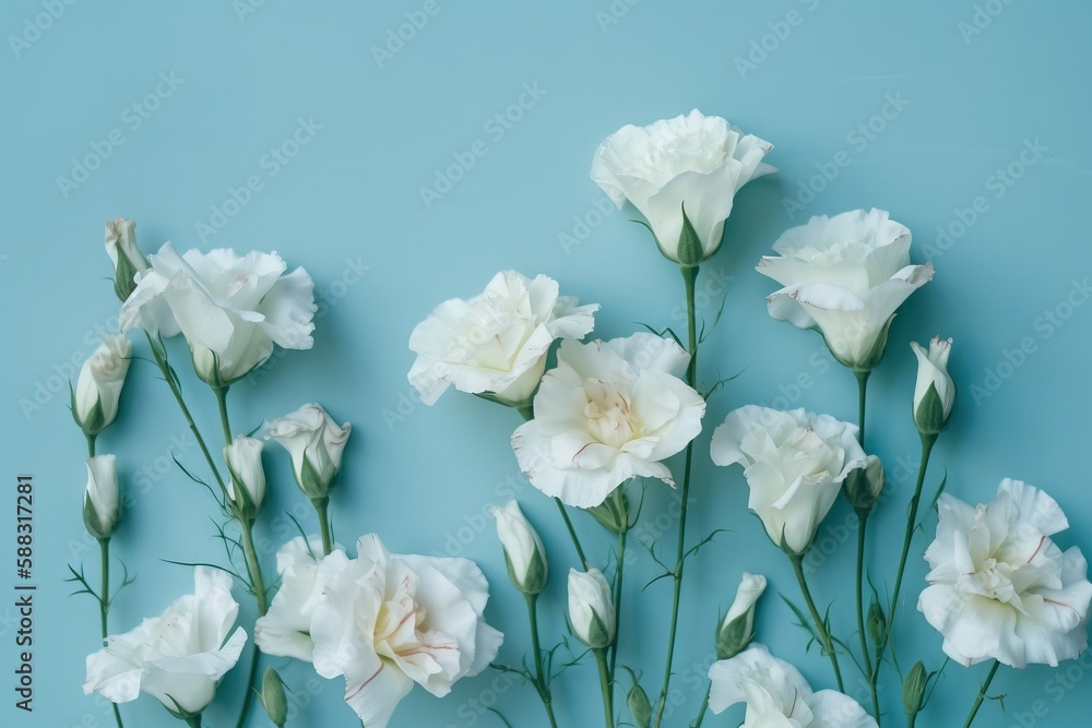  a bunch of white flowers on a blue background with a few stems in the middle of the picture and one