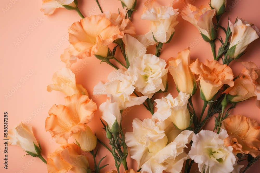  a bunch of flowers that are on a pink background with a pink background behind them is a bunch of w