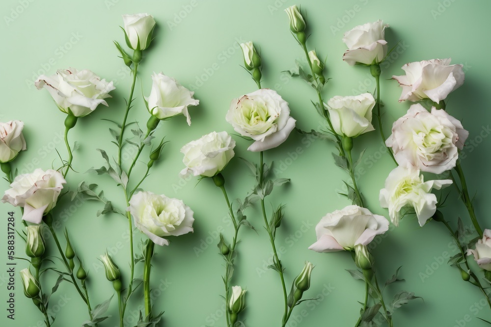  a group of white flowers on a green background with leaves and stems in the center of the picture, 