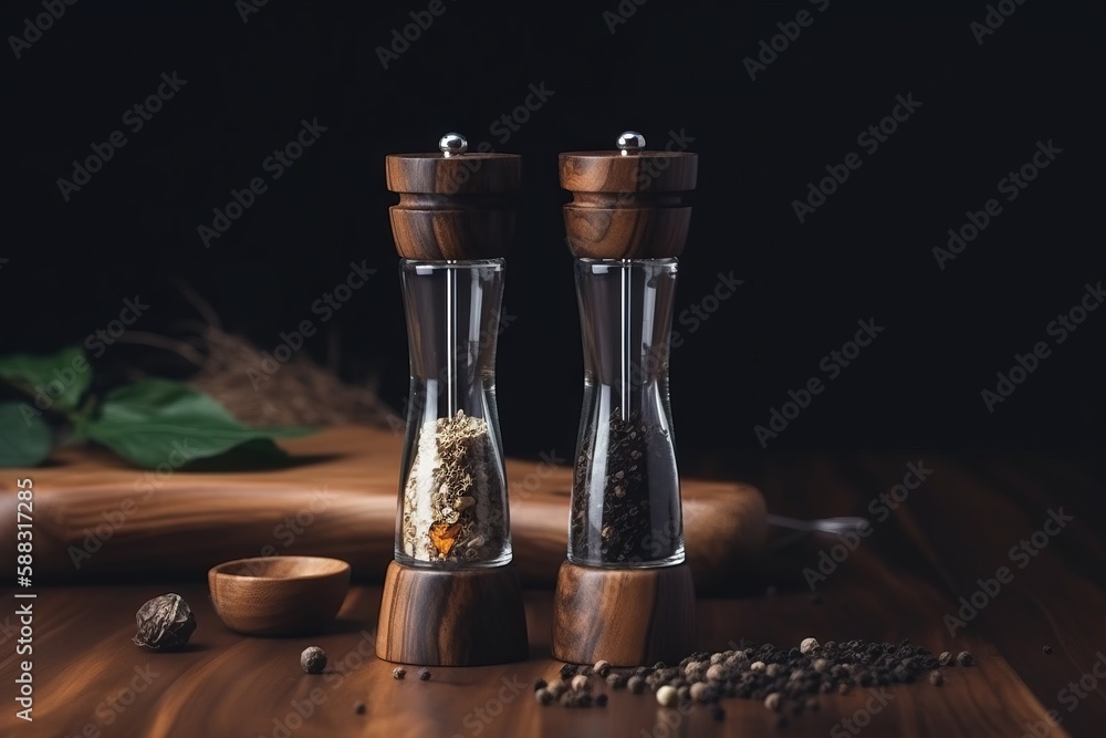  a couple of salt and pepper mills sitting on top of a wooden table next to a wooden spoon and a woo