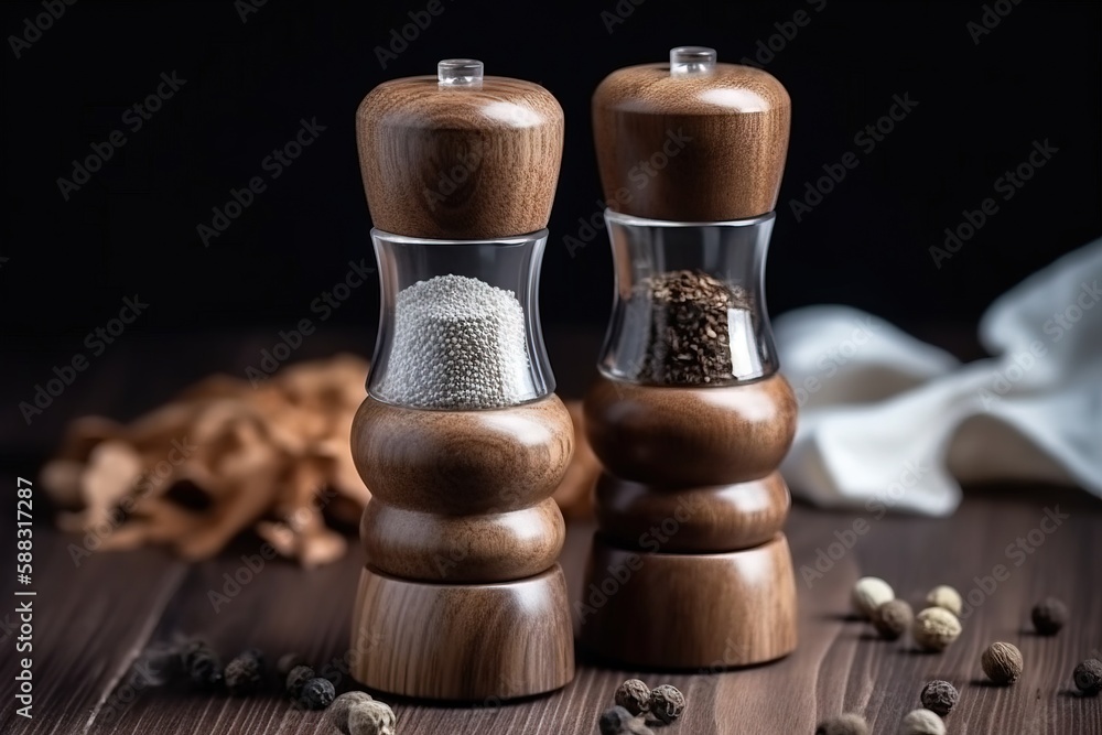  a couple of salt and pepper mills sitting on top of a wooden table next to a pile of pepper mill an