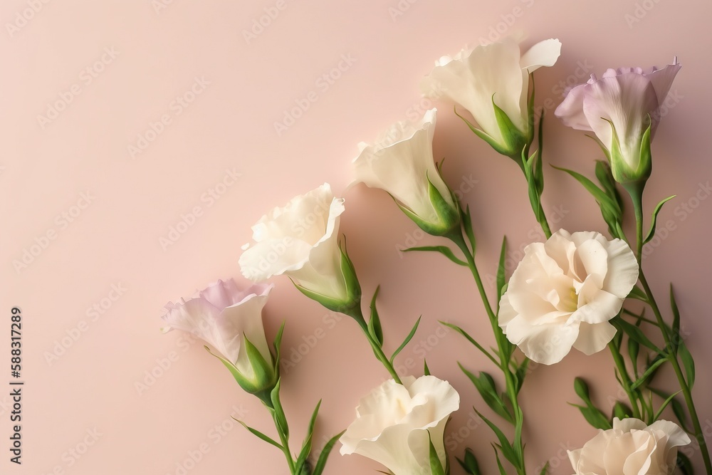  a group of white and pink flowers on a pink background with green stems and leaves in the center of