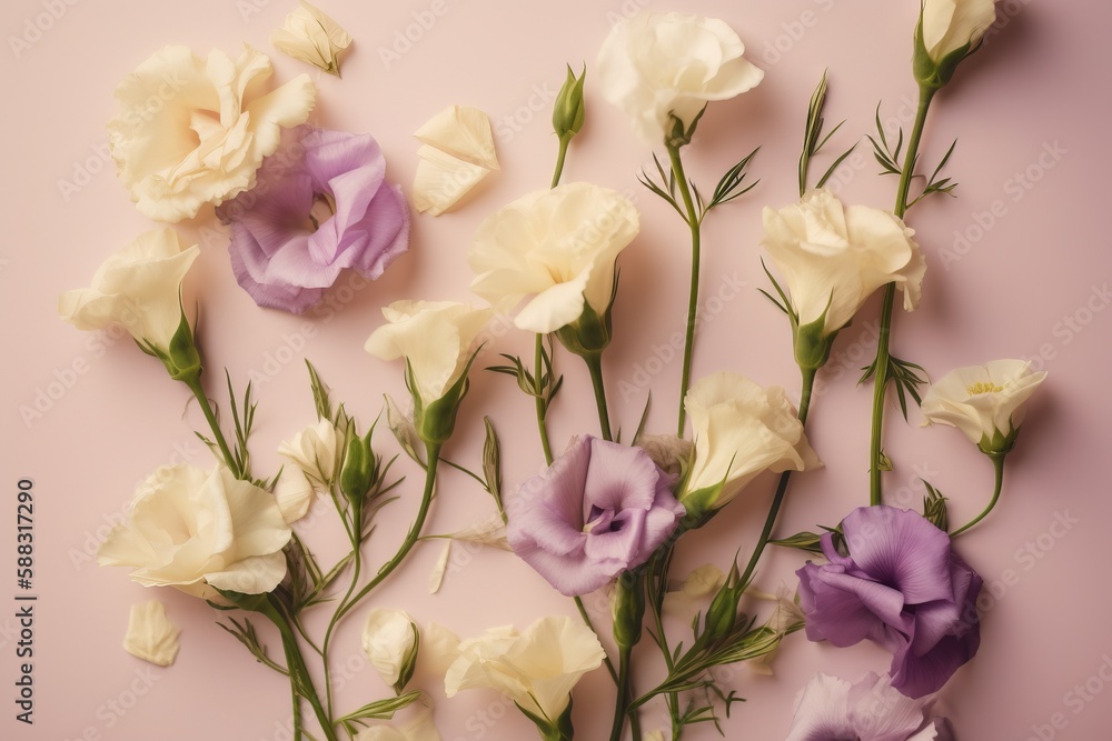  a bunch of flowers that are on a pink surface with one flower still attached to the stems and the o