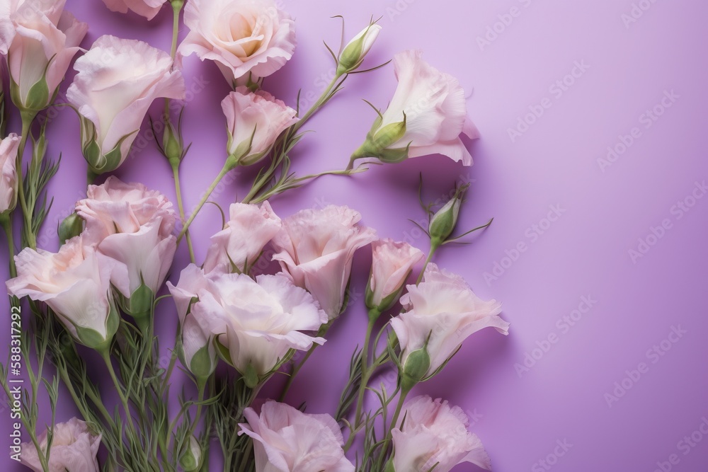  a bunch of pink flowers on a purple background with space for a text or a picture to put on a card 