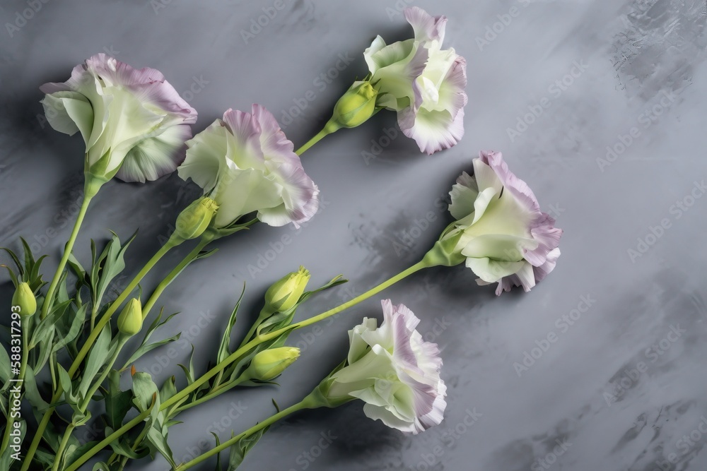  a bunch of flowers sitting on top of a gray table top next to a plant with green leaves and buds on