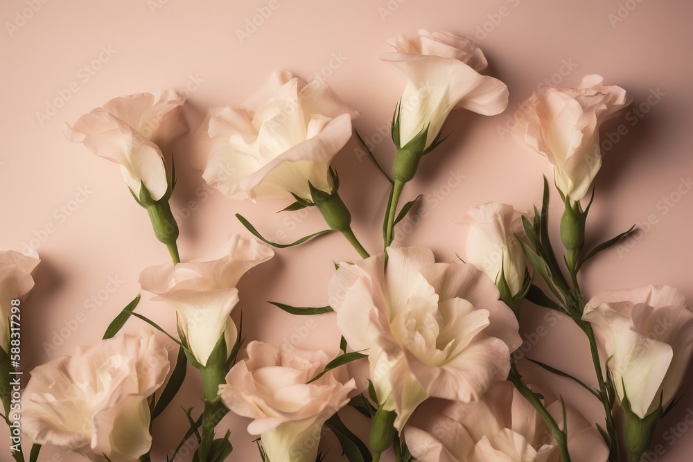  a bunch of white flowers on a pink background with green stems and stems sticking out of the stems 