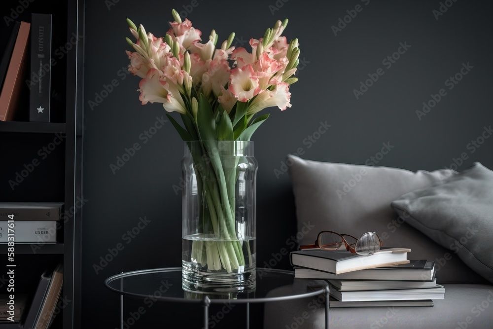  a glass vase filled with pink flowers on a table next to a book shelf and a couch with a pillow on 