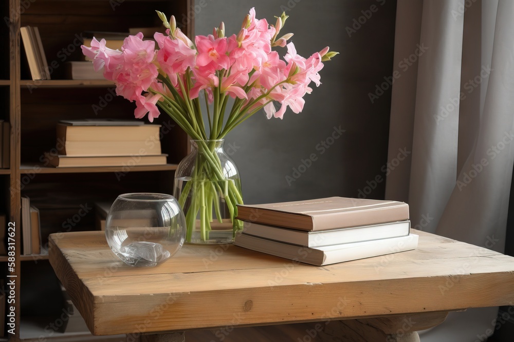  a vase of pink flowers sitting on a table next to a stack of books and a glass of water on a table 