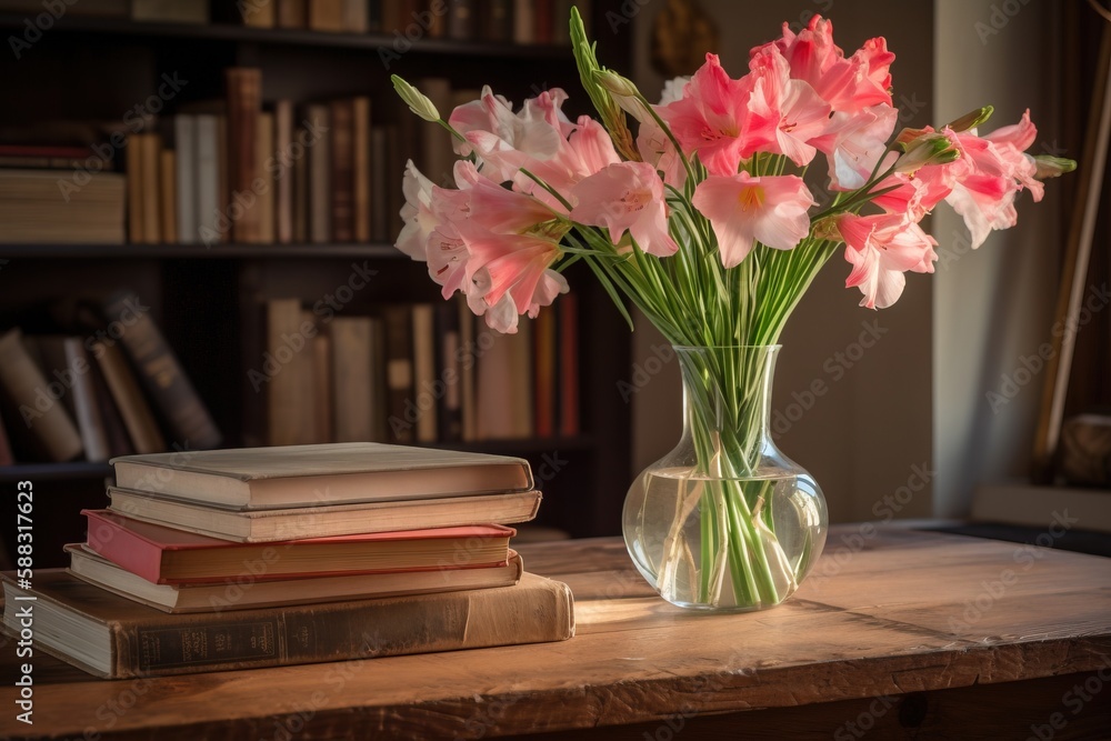  a vase of pink flowers sitting on a table next to a stack of books and a bookcase with a book on to