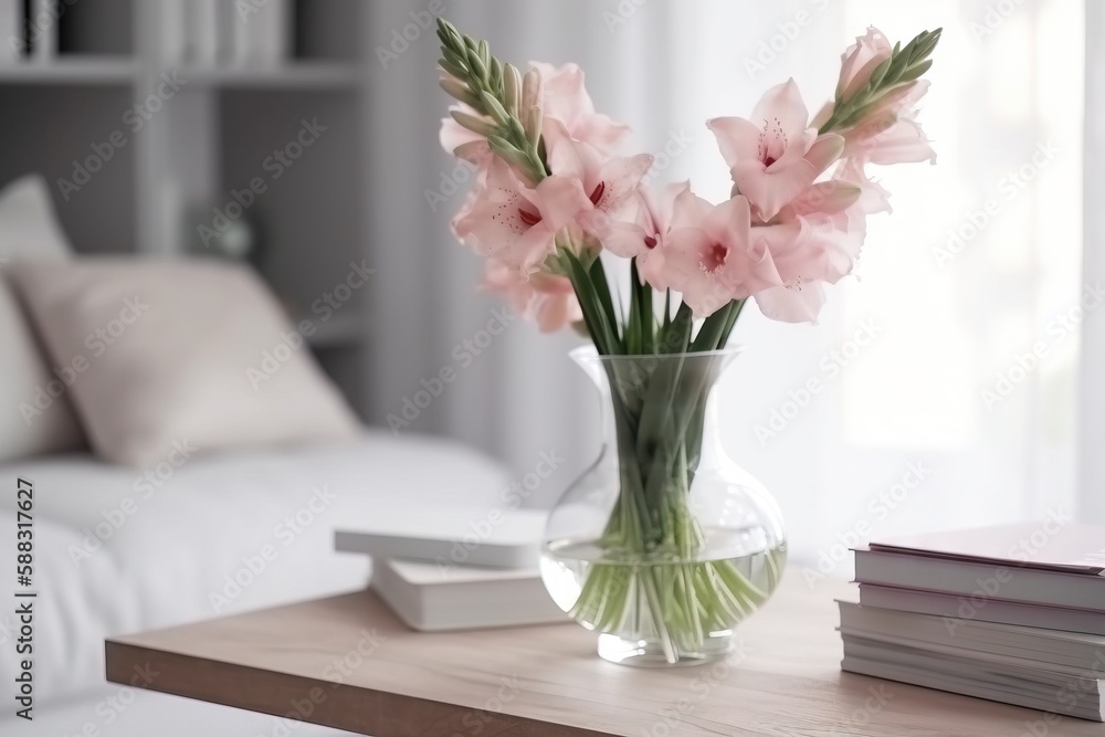  a glass vase with pink flowers on a table in a living room with a white couch and a bookcase in the