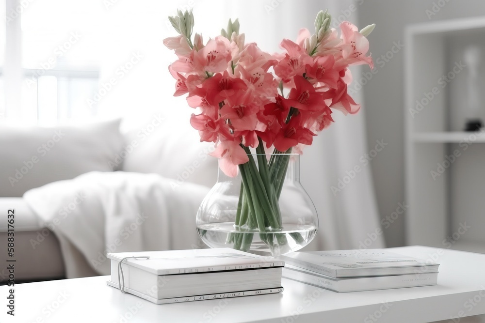  a glass vase with pink flowers on a table in front of a white couch and a book on a coffee table in