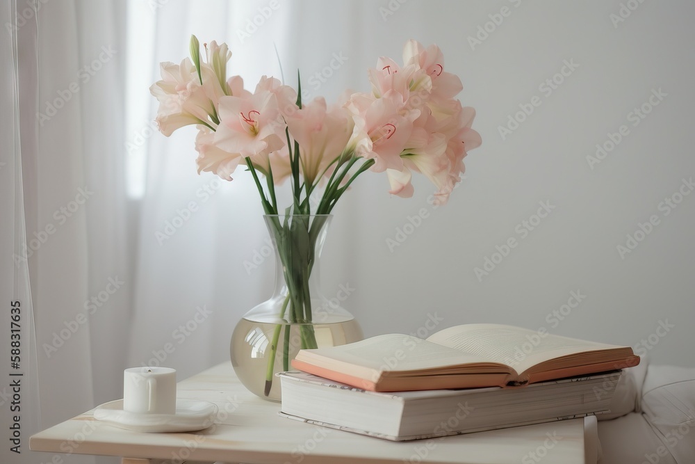  a vase of flowers and a book on a table with a cup of coffee and a cup of tea on the side of the ta