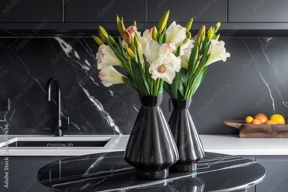  two vases with flowers on a marble countertop in a kitchen with a marble countertop and a marble co