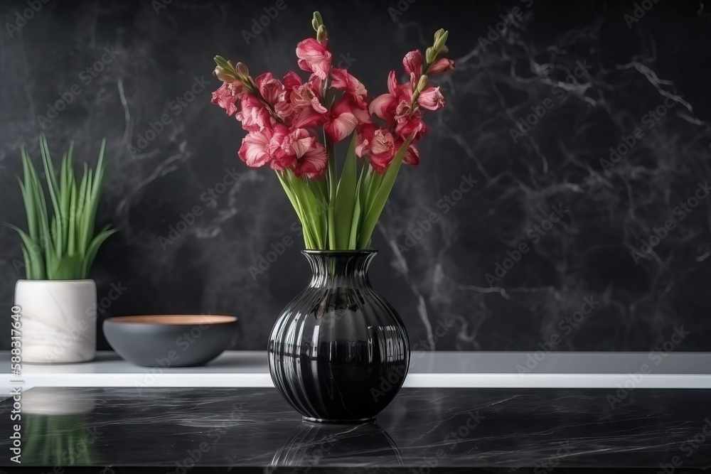  a black vase filled with pink flowers on top of a table next to a bowl of food and a plant in a vas