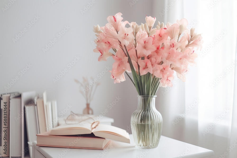  a vase of pink flowers sitting on a table next to a book and a book on a table next to a window wit