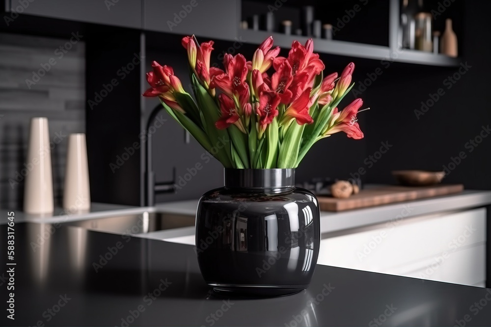  a black vase filled with red flowers on top of a counter top next to a kitchen counter top with a s