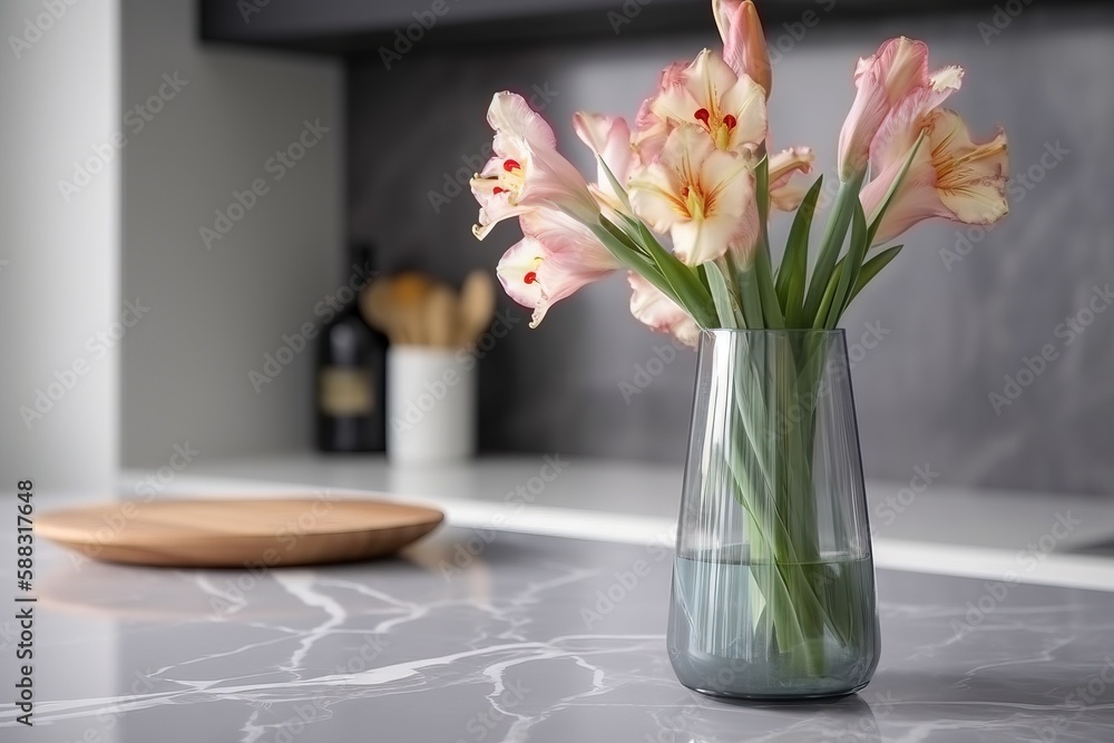  a glass vase filled with pink flowers on a counter top next to a cutting board and a cutting board 