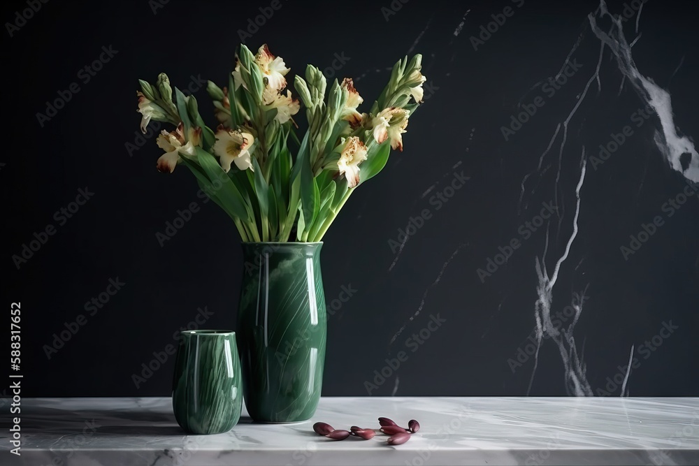  a green vase filled with flowers on top of a table next to a pair of vases with flowers in them on 