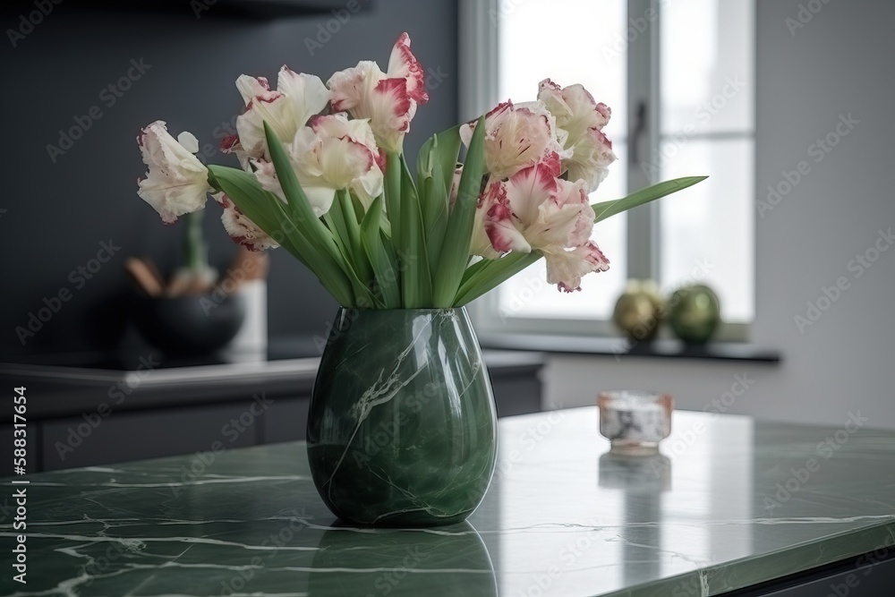  a green vase filled with flowers on top of a counter top next to a vase filled with pink and white 