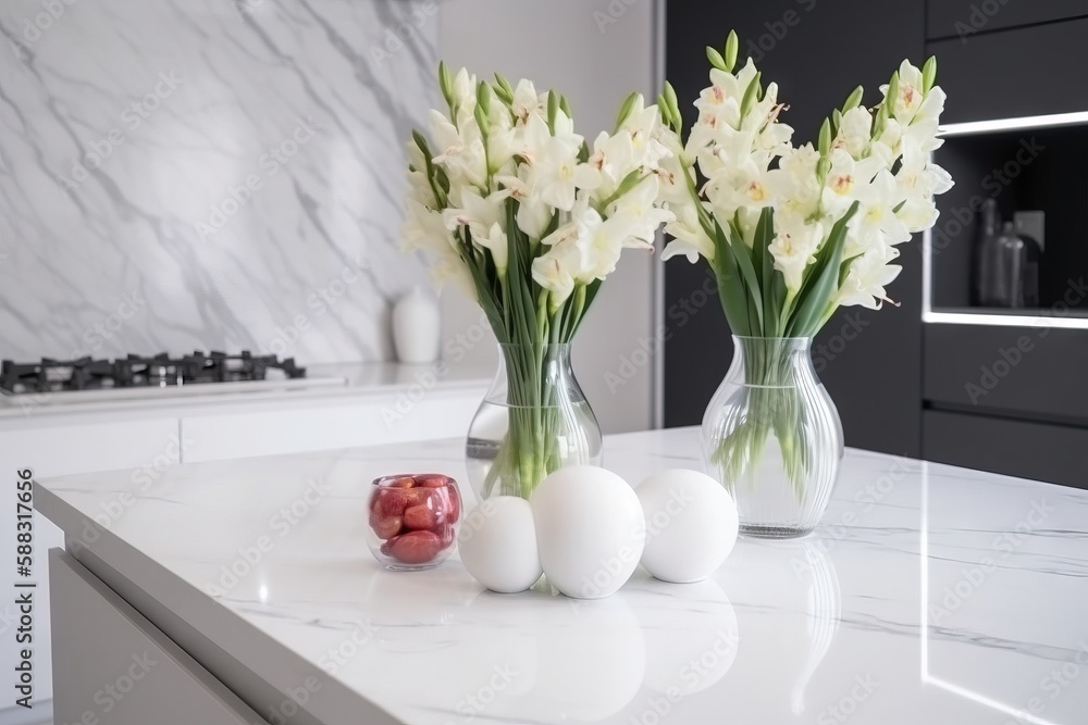  three vases with white flowers and eggs on a white countertop in a kitchen with a marble backsplash