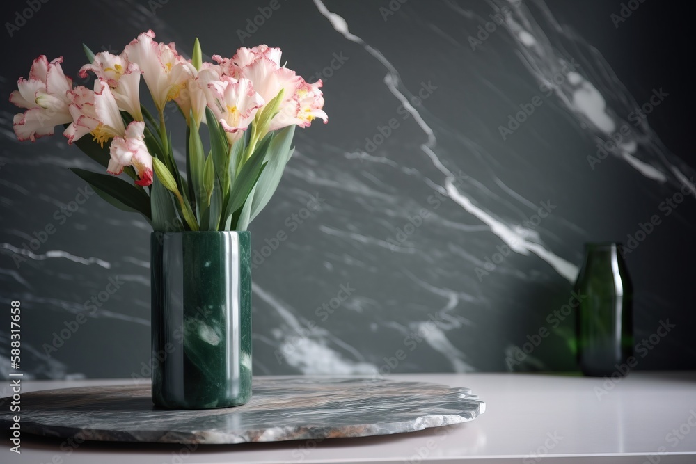  a green vase filled with pink flowers on a marble slabd counter top next to a marble vase with pink