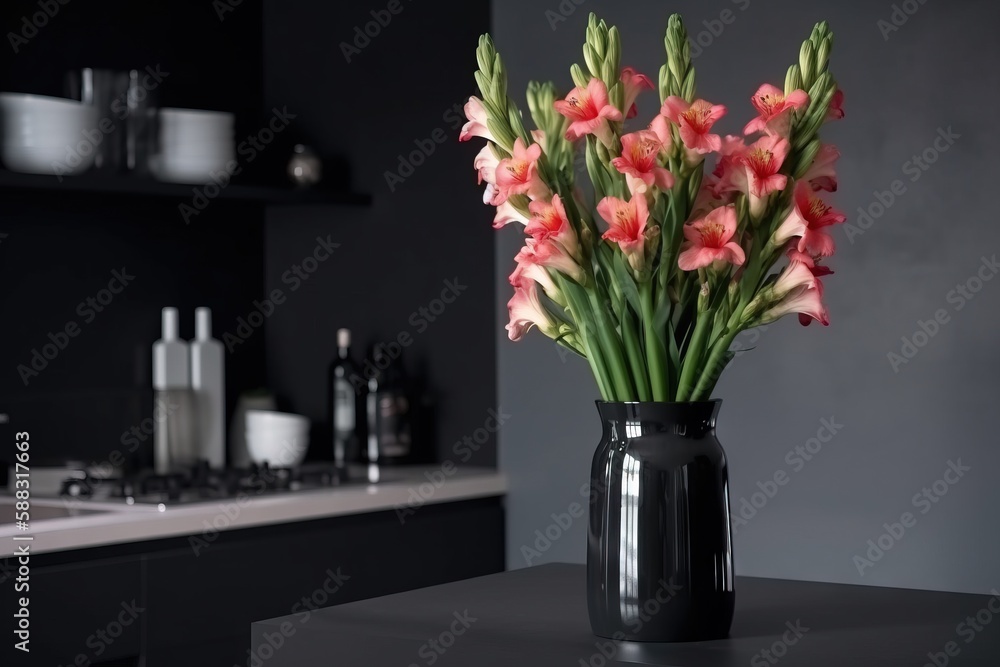  a black vase filled with pink flowers on top of a counter top next to a sink and a counter top with