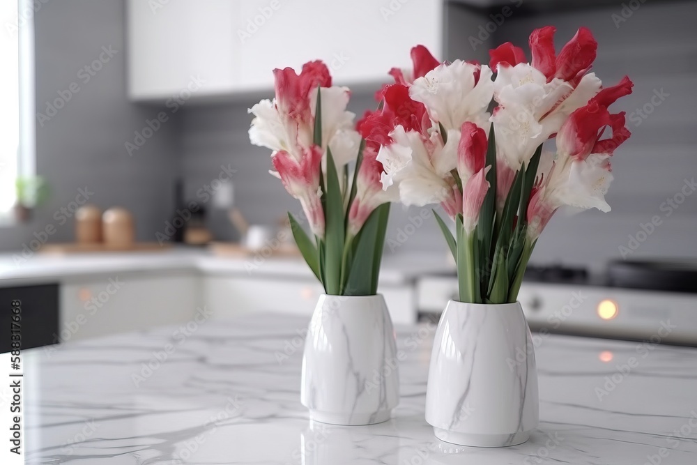  two white vases with red and white flowers on a marble countertop in a kitchen with white cabinets 