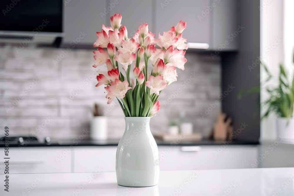  a white vase filled with pink flowers on a counter top next to a kitchen sink and a microwave in th