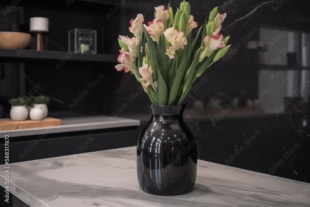  a black vase filled with pink and white flowers on top of a counter top next to a shelf with candle