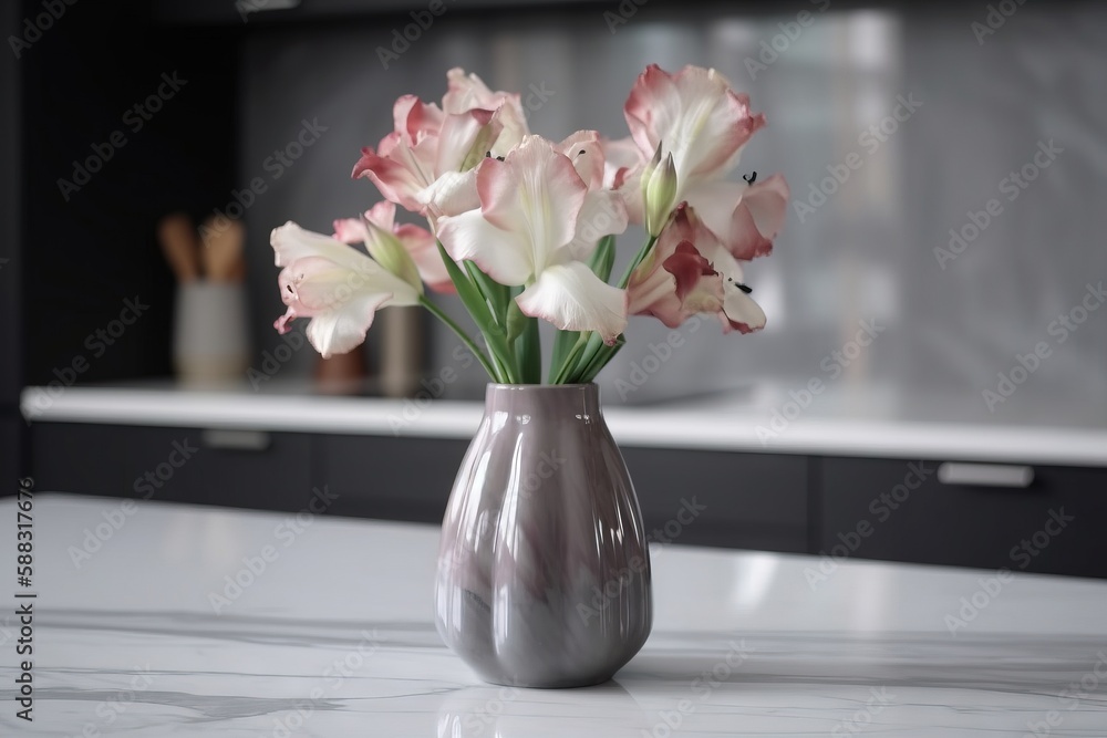  a vase with pink and white flowers in it on a countertop in a kitchen area with a countertop and ca