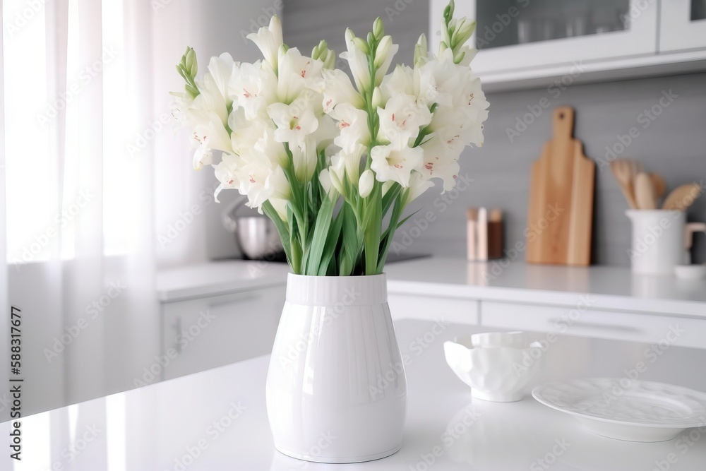  a white vase filled with white flowers on top of a white counter top next to a white plate and a cu