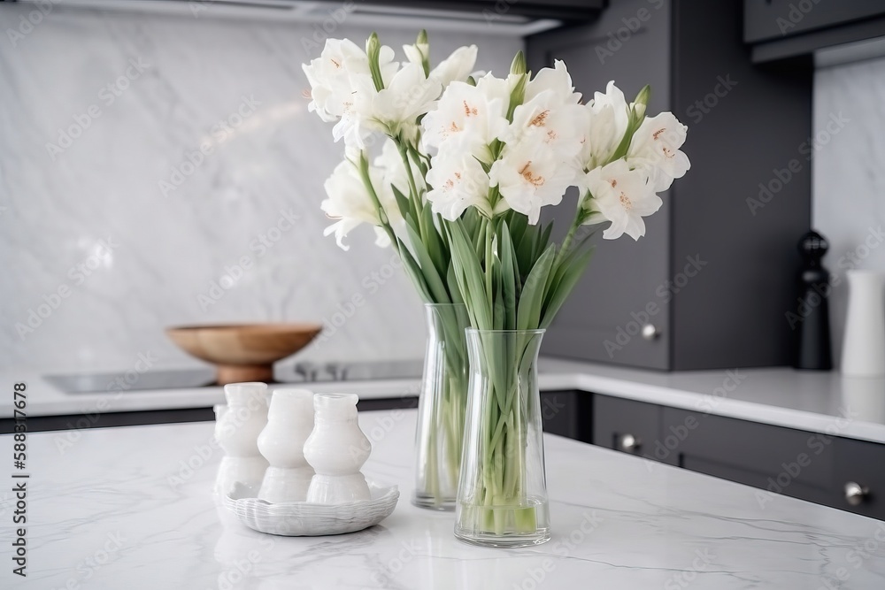  a vase of white flowers sitting on a kitchen counter next to a couple of eggshells on a marble coun