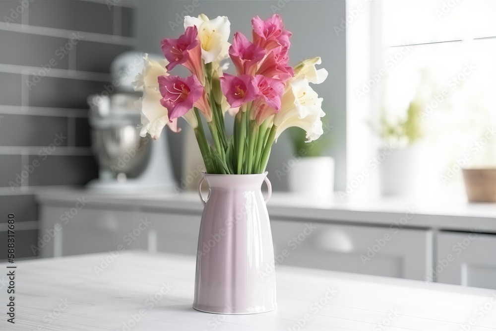  a white vase filled with pink and white flowers on top of a white counter top next to a kitchen sin