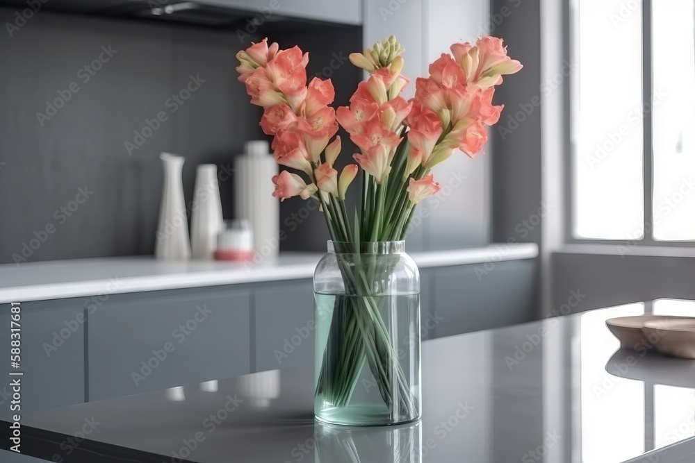  a glass vase filled with pink flowers on top of a counter top next to a sink and a window with ligh