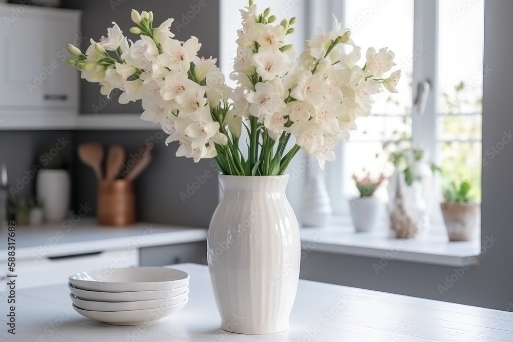  a white vase filled with white flowers on top of a white counter top next to a stack of white plate