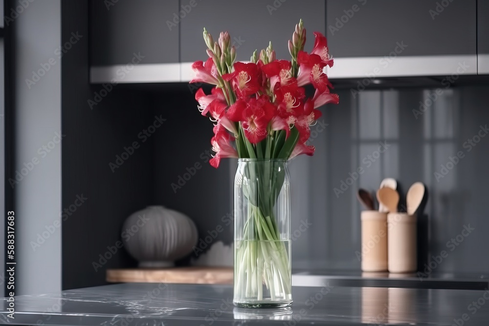  a vase filled with red flowers on top of a counter next to utensils and a cutting board on the side