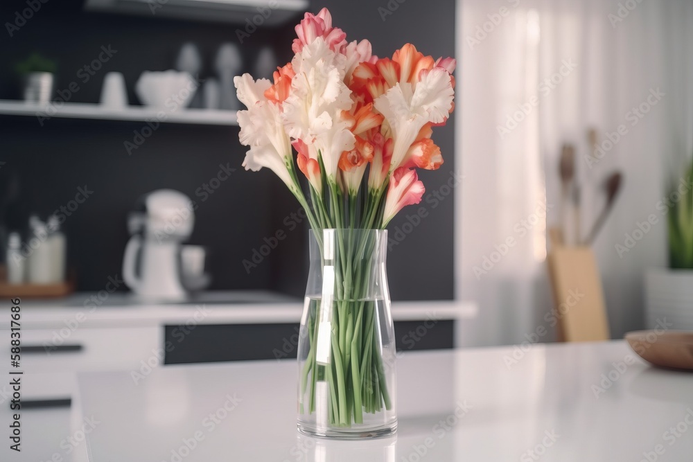  a vase filled with flowers on top of a white counter top next to a kitchen counter top with a stove