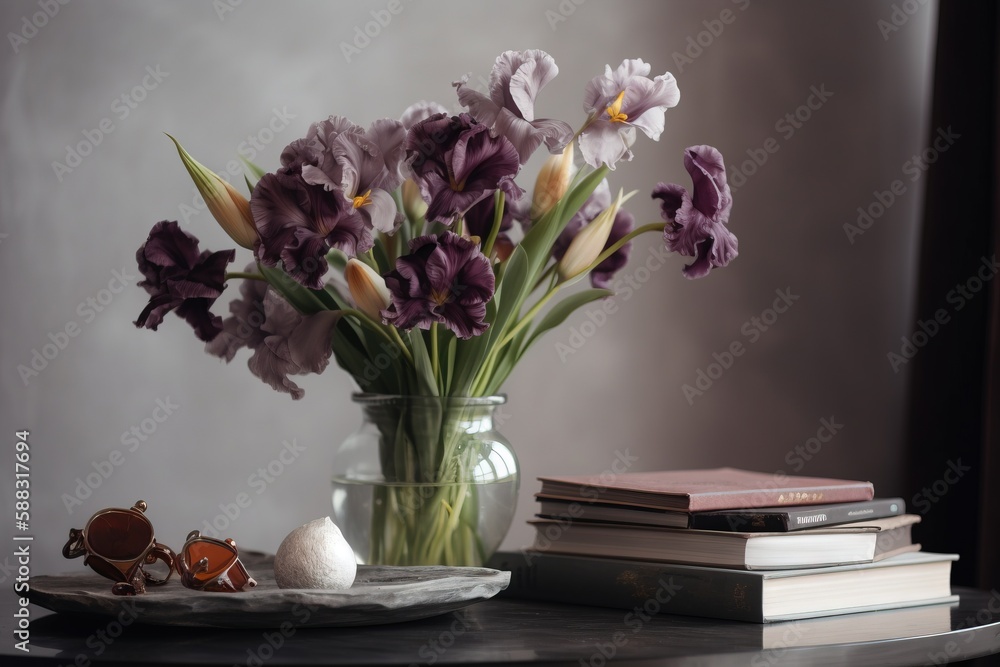  a glass vase filled with purple flowers next to a pile of books and a plate with an egg on it next 