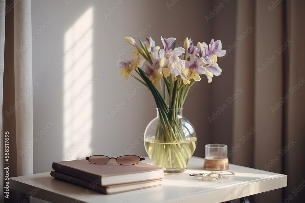  a vase with flowers and a pair of glasses on a table with a book and a pair of glasses on it next t