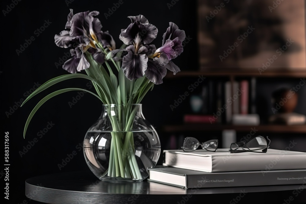  a vase of flowers sitting on a table next to a book and a pair of eyeglasses on top of a table next